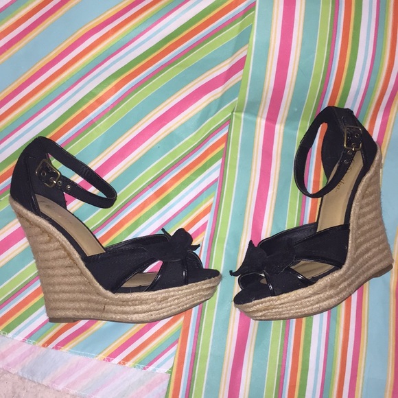 Shoes - Brand New- Black and Cork Retro Peep-toe Wedges